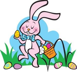 pink Easter bunny carrying basket, holding egg.  wearing blue bowtie, frolicking in the grass. looking for eggs