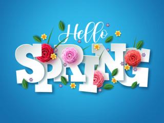 Hello Spring in white text with a blue background, flowers in the background and wound through the letters