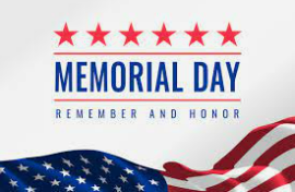 Memorial Day Remember and Honor in Blue with 6 stars over the wording.  American Flag along the bottom.