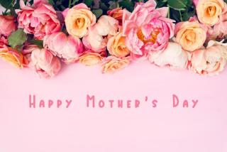 Light pink background with flowers along top.  Happy Mother's Day in pink