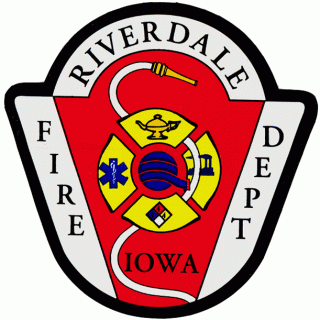 Riverdale Fire Department around the Maltese cross in yellow and blue.  red background.
