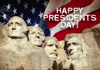 Mount Rushmore with a flag background that says Happy President's Day!