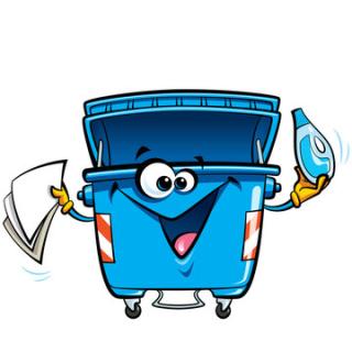 blue animated recycling bin, holding paper and plastic bottle