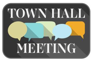 Town Hall Meeting in caps with speech bubbles in different colors.  gray background.