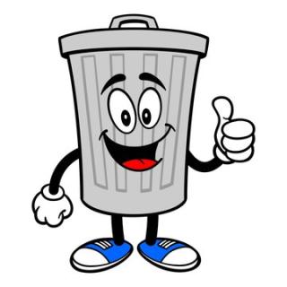 animated gray trash can, smiling, blue sneakers, giving thumbs up