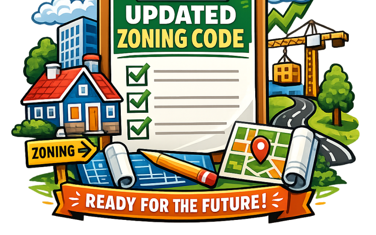 AI generated clipart that says updated zoning code with public works type images